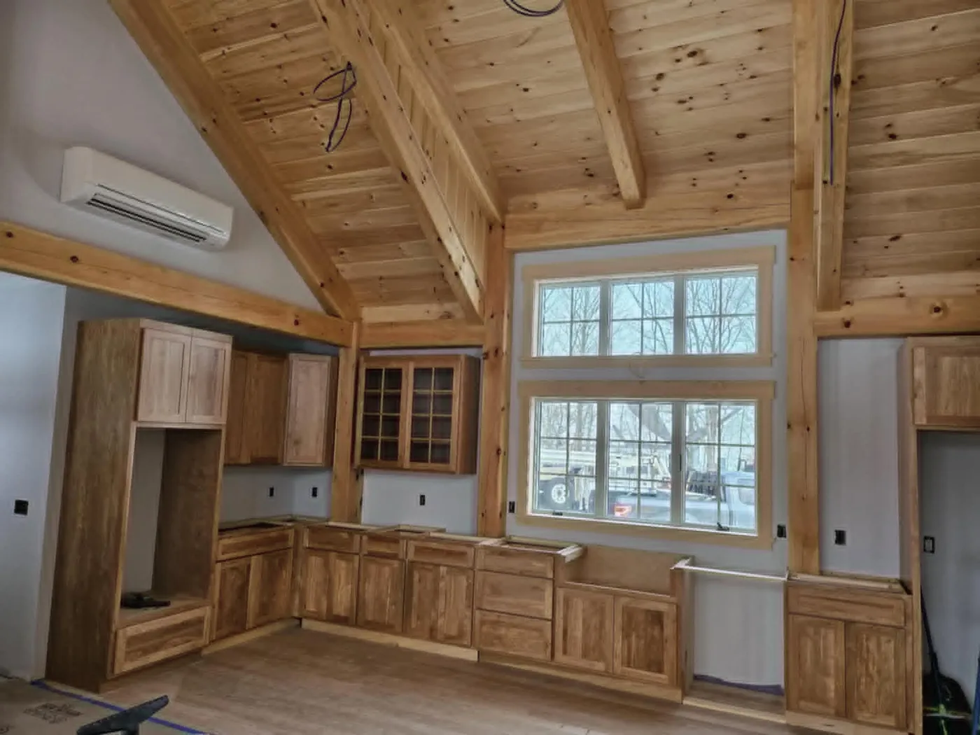 Vaulted timber-frame great room with a custom kitchen and pine cathedral ceiling, Upper Valley NH