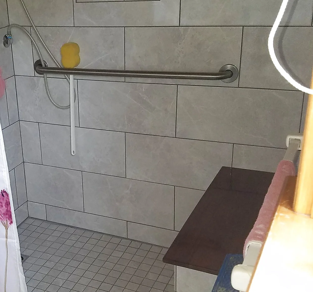 Custom tile walk-in shower remodel with grab bar, Upper Valley NH