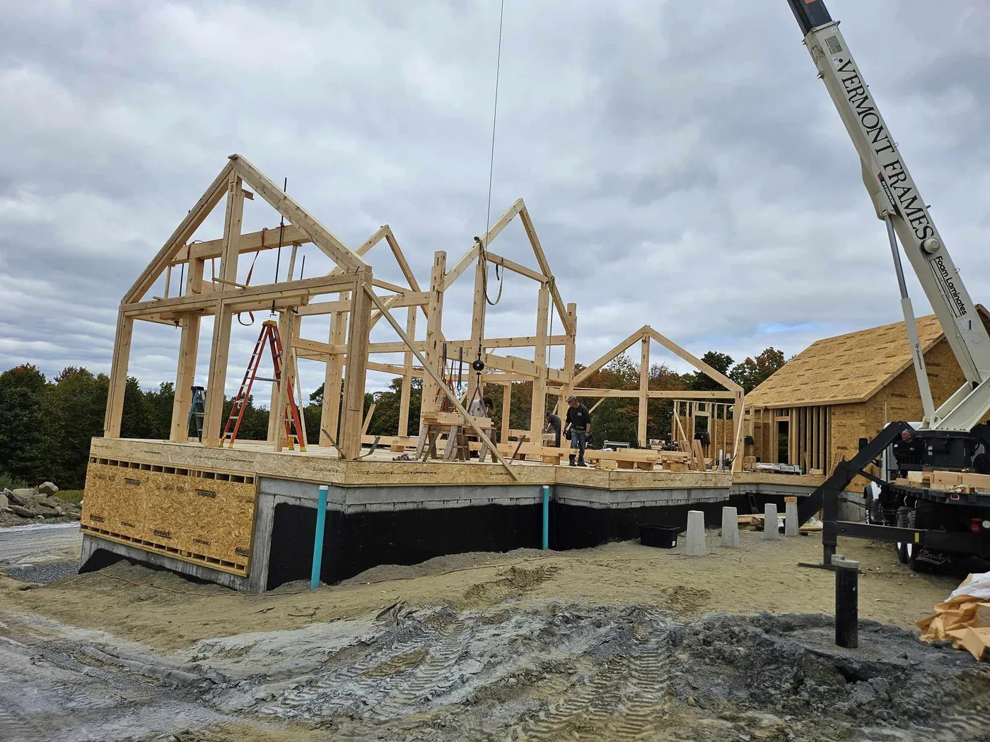 Timber-frame raising on a new custom home build, Upper Valley NH